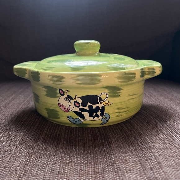 Sap Trading Co Other - Sap Trading Green Bowl With Lid Running Cow With Blue Boots Ceramic Hand Painted